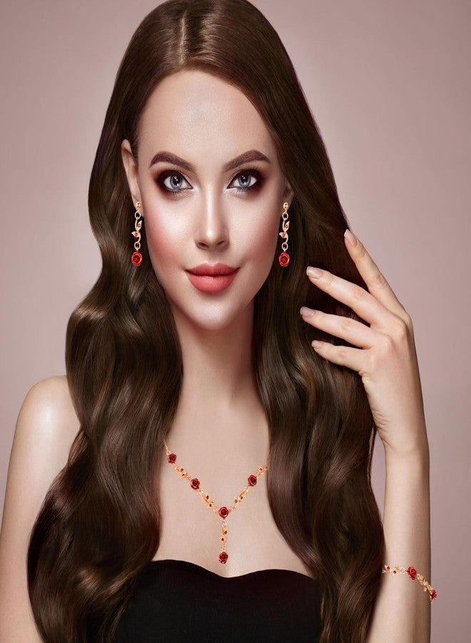 MBAIYO Red Rose Jewelry Set, 3Pcs Red Flower Necklaces for Women Rose Necklace Dangle Bracelet Set Vintage Earrings Pendant Amulet chain for Women's Wedding Prom Valentine Birthday Party(Golden) - Image 3